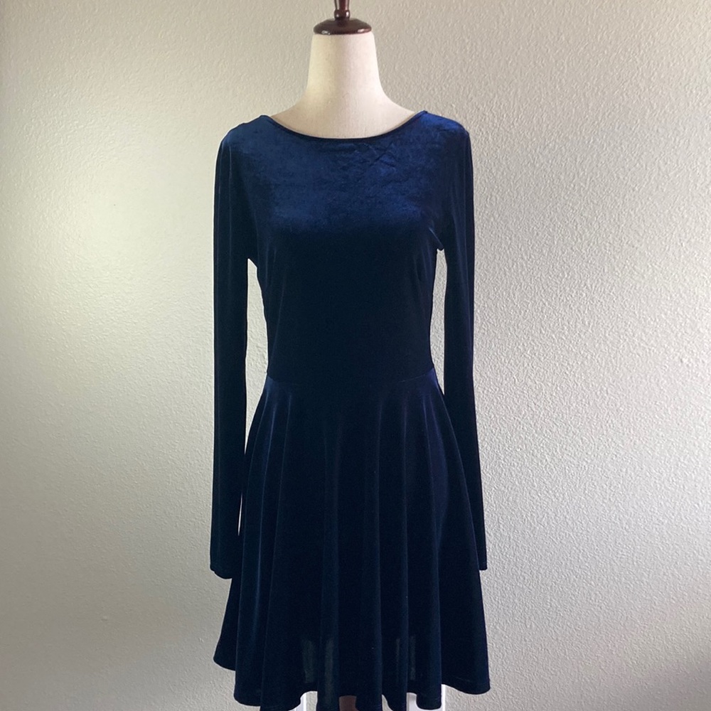 90’s Vintage Windsor Navy Blue Velvet Skater Dress- Size Medium